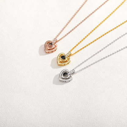 Three different colors of I love you necklace in 100 languages are displayed for photoshop. Colors are following: Rose Gold, Silver and Gold