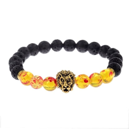Showcasing an orange and black beads lion head crown bracelet on white background.
